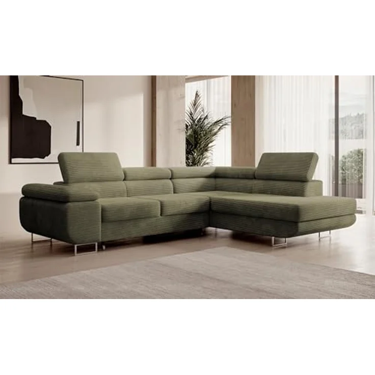 Selsey STEVIL - Ecksofa L-Sofa mit Schlaffunktion, Bettkasten, Ottomane rechts, Cordbezug Olivgrün – Bild 5