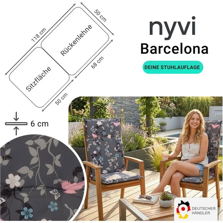 NYVI Hochlehnerauflage Hochlehner Auflagen 2er Set Barcelona - Gartenstuhlauflagen 118x50cm, (2 St), Stuhlauflage, Sitzauflage mit Halteband, UV-fest, Blumen Floral – Bild 2