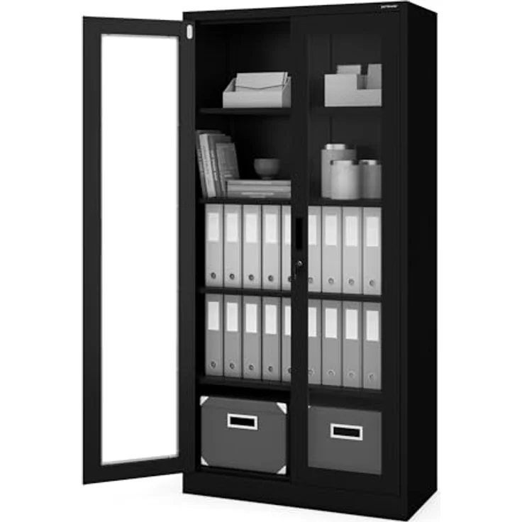 Jan Nowak Aktenschrank C012 Glasvitrine Büroschrank Universalschrank Flügeltürschrank Stahlblech Pulverbeschichtung abschließbar 185 cm x 90 cm x 40 cm (Schwarz) – Bild 3