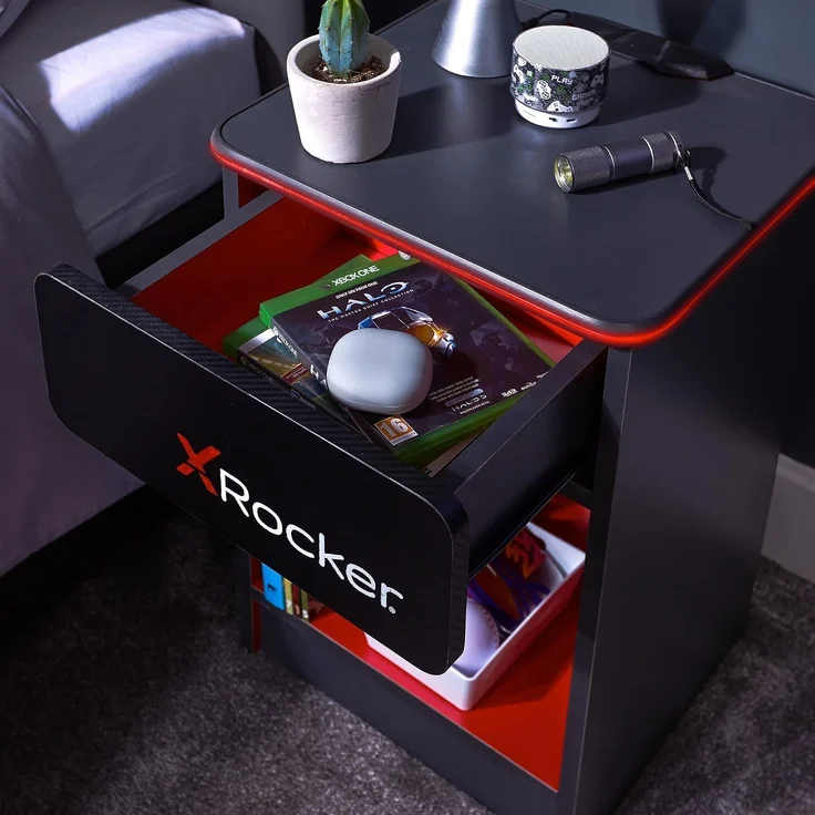 X Rocker Carbon-Tek Gaming Nachttisch mit LED-Beleuchtung & Wireless Charging Ladepad - grau/rot – Bild 5