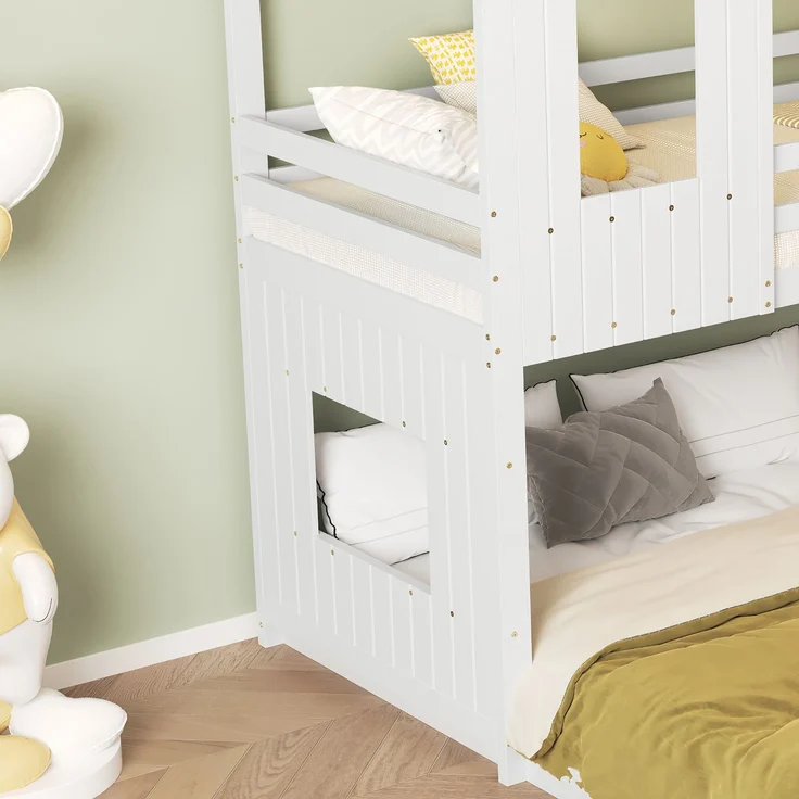 Etagenbett Kinderbett Hausbett mit Rutsche 90×200 & 140×200 cm weißes Kiefer-MDF Hochbett mit Leiter und Spielbereich – Bild 6