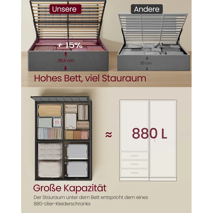 VASAGLE Bettgestell, Bettrahmen, Bett, 140 x 200 cm, klappbar Lattenrost, Unterbettaufbewahrung, Kopfteil, Hydrauliksystem, modern, einfache Montage, dunkelgrau – Bild 3