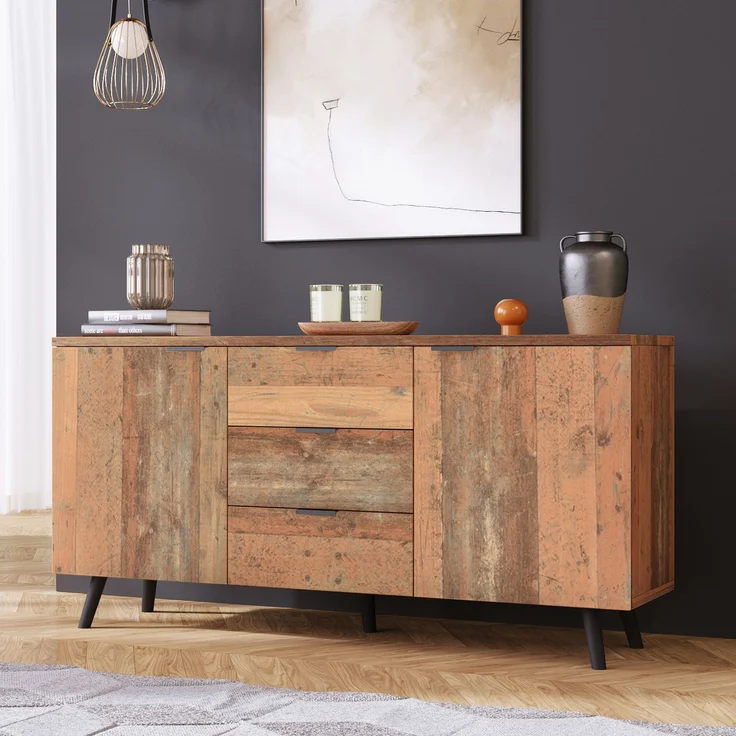 ZUBALIYA Kommode 140x35x70 cm, mit verstellbaren Einlegeböden, aus Spanplatte, Antikbraun – Bild 1
