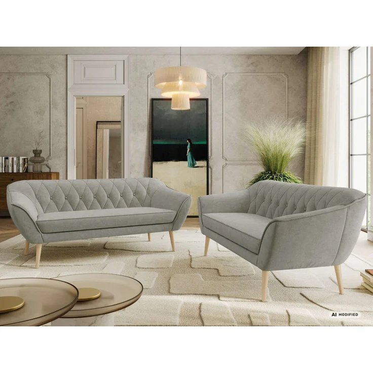 Wohnzimmerset Möbelset PIRS 3-3, Armlehnen, Wellenfederung, Buche Füße, Dreisitzer Sofa, Polstermöbel Set - Hellgrau Stukture – Bild 4
