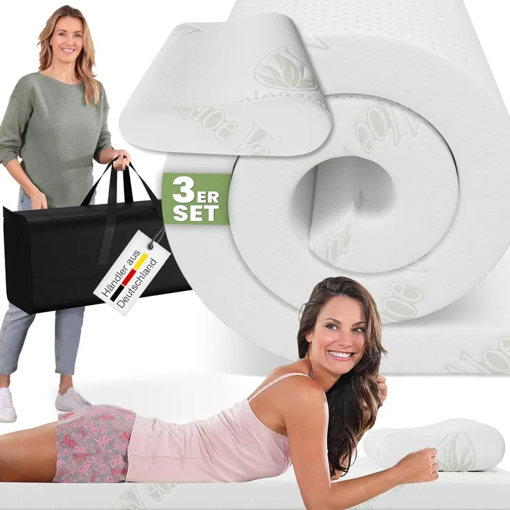 ELONEO Schlaf Topper Reise-Set 3 teilig: Visko-Matratzenauflage, Visko-Kopfkissen, hochwertige Transporttasche, 100% Visco, weiß, Visco-Topper: B 90 x L 200 x 3,5cm