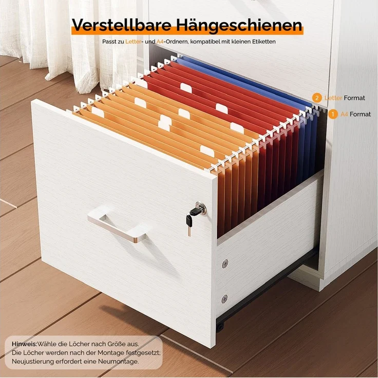VINGLI Aktenschrank mit 3 Schubladen, Büroschrank abschließbar, 39x39x98 cm verstellbare Hängestange für A4 und Letter, Druckerständer Holz – Bild 4