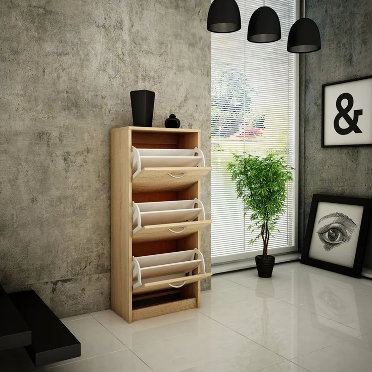 Home Collective Schuhschrank mit 3 aufklappbaren Schubladen, Schuhregal mit 3 Fächern 50 cm breit (platzsparende Schuhaufbewahrung, laminierte Platte) weiche abgerundete Kanten, matte Oberfläche, sonoma – Bild 2
