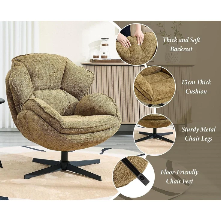 Ohrensessel Chenille drehbar 360 Grad Armlehnen Kissen Gelb – Bild 4