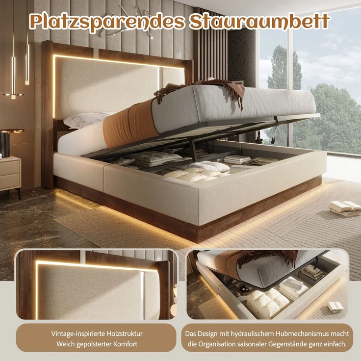 140x190 Doppelbett Polsterbett mit Lattenrost, LED & Bettkasten, Hydraulik, Leinen Beige & Walnuss, ohne Matratze – Bild 3
