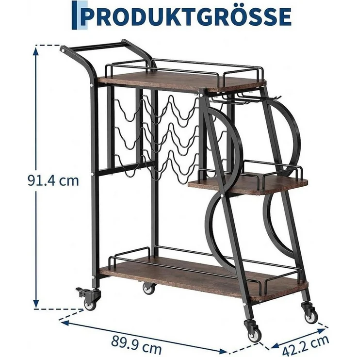 GarveeMore Servierwagen 3-stufiger mit Weinregal und Gläserhalterung, MDF in Holzoptik, 3-stufig, Weinregal, 8 Flaschen, 9 Gläser, Rollen, Holzoptik – Bild 2