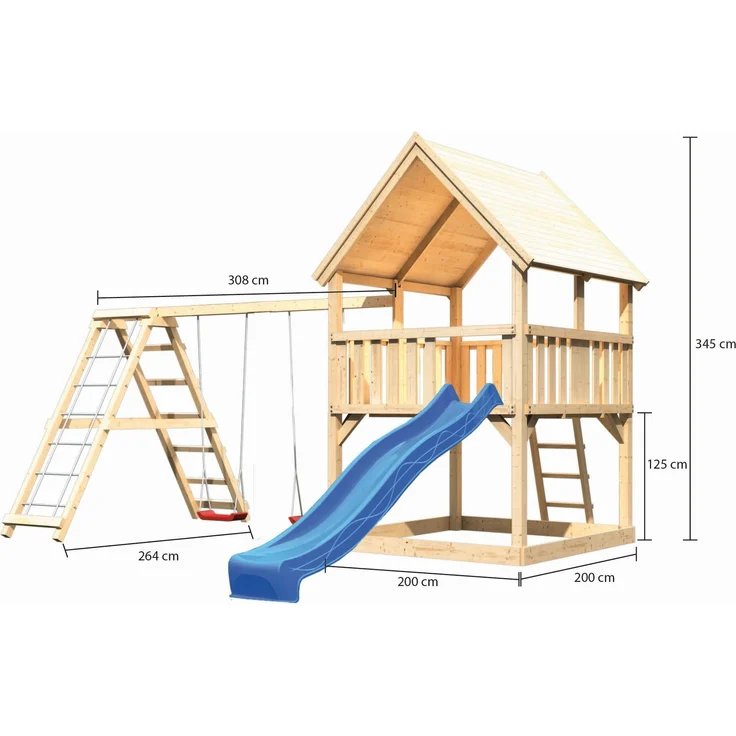Karibu Kinderspielturm Luis Satteldach Set naturbelassen mit Doppelschaukel Klettergerüst und Rutsche blau – Bild 6