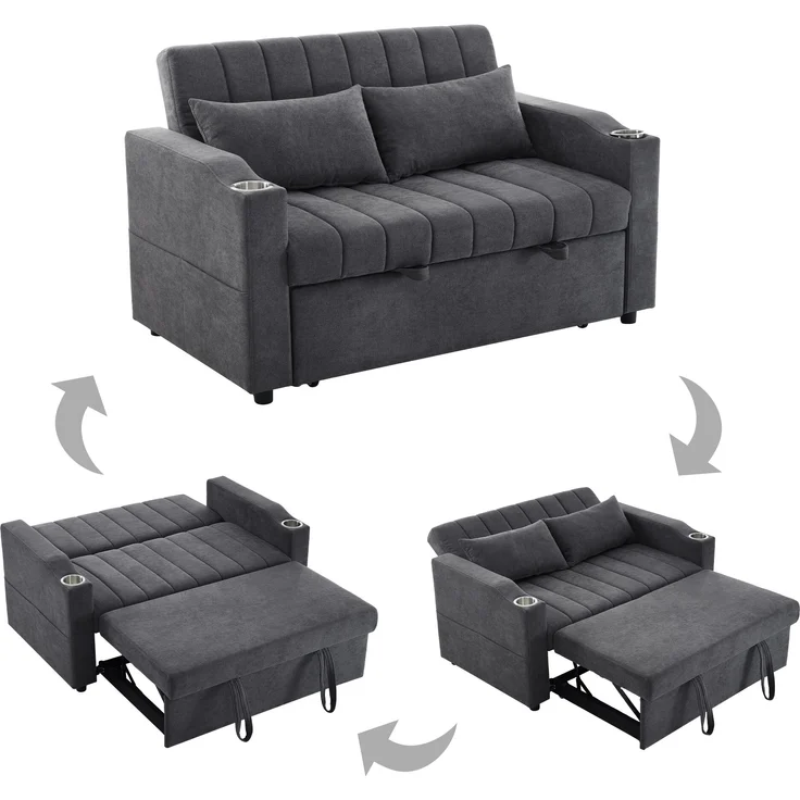 Multifunktions Schlafsofa mit 3-fach Rückenlehne & Getränkehalter, Baumwoll-Leinen, 136x162x84 cm, Grau – Bild 6