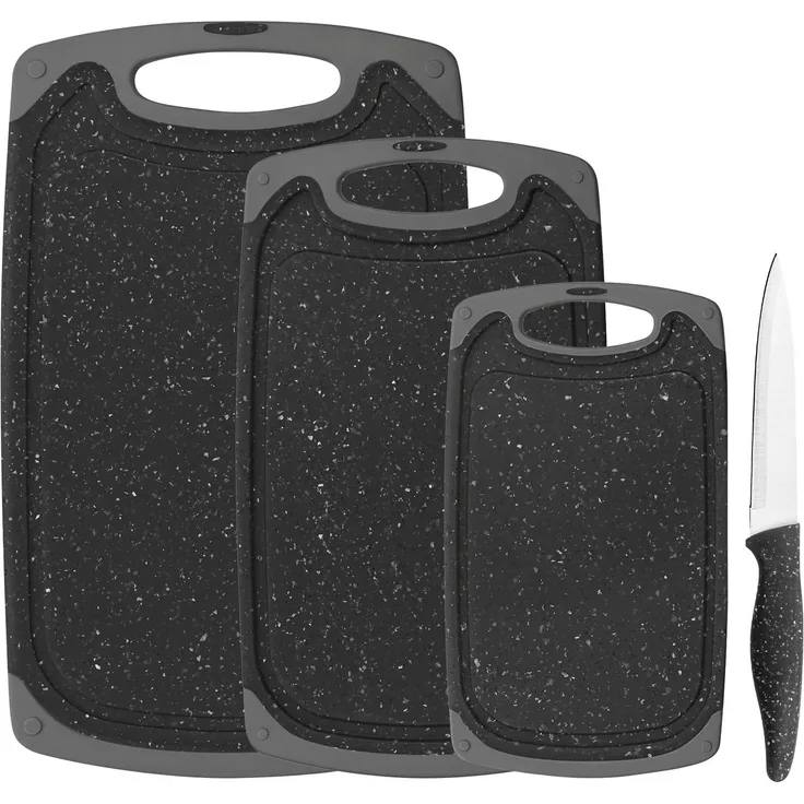 Schneidebrett-Set, 4-teilig, inkl. Messer, Granit-Look, grau