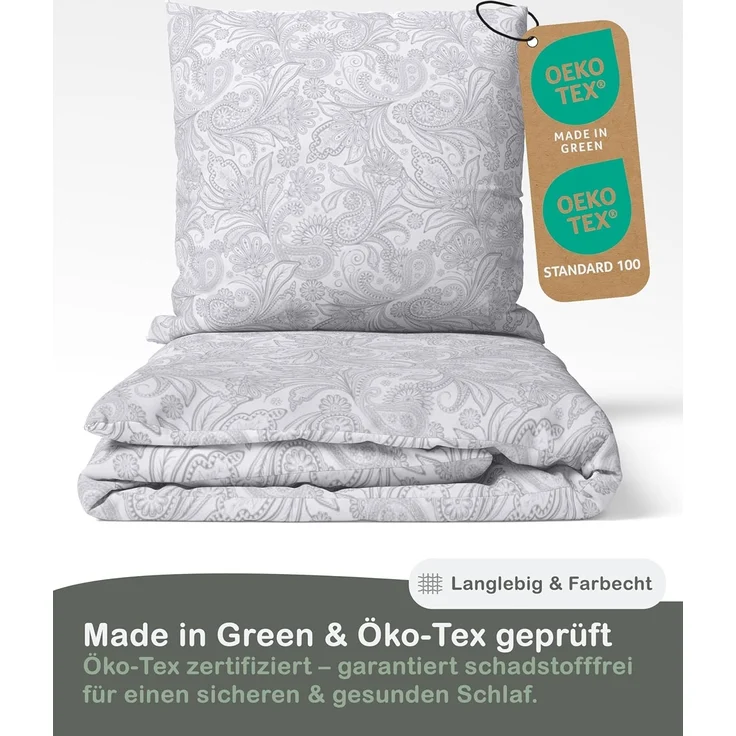 LINKHOFF Bettwäsche Biber Bettwäsche 135x200cm / 155x220 - 2tl. Blumenmuster in Grau Weiß, 100% Baumwolle - Bettwäsche-Set Aesthetic Floral Paisley Zweige – Bild 5