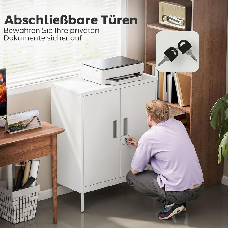 Verschließbarer Stahlschrank mit 2 Türen, Büroschrank, verstellbare Regale, für Homeoffice, Wohnzimmer, Garage, Weiß--Weiß--100x40x80cm--YOUDENOVA – Bild 7