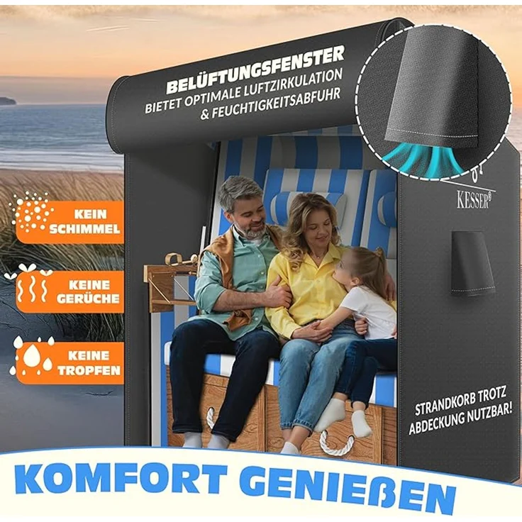 KESSER® Premium Strandkorb Schutzhülle mit Belüftungsöffnungen, Wasserdicht, Winterfest, UV-Beständiges, Reißfest, 600D Oxford Gewebe Abdeckung, Anthrazit, 160 x 120 x 90 cm – Bild 2