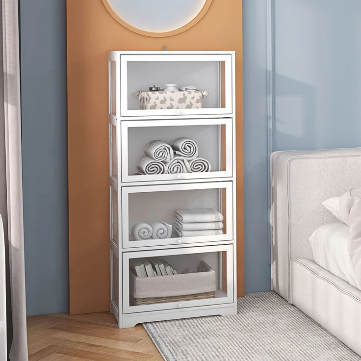 Vitrine für die Wohnzimmermöbelserie Buffet mit 4 Ebenen und Falttüren, 59 x 30 x 139 cm, weiß--Weiß--59x30x139cm--YOUDENOVA – Bild 3