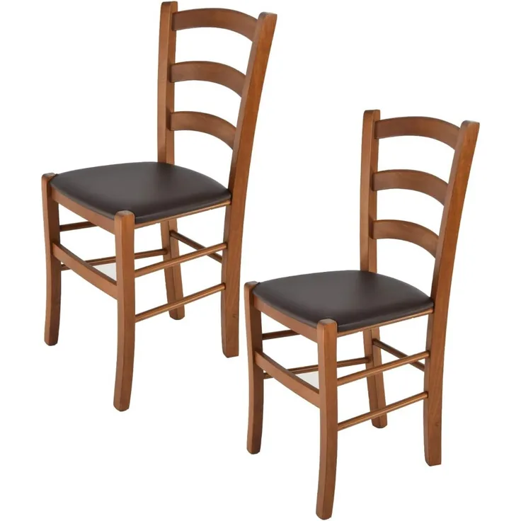 Tommychairs - 2er Set Stühle Venice für Küche und Esszimmer, Struktur aus lackiertem Buchenholz im Farbton helles Nussbraun und gepolsterte Sitzfläche mit Kunstleder in der Farbe Mokka bezogen