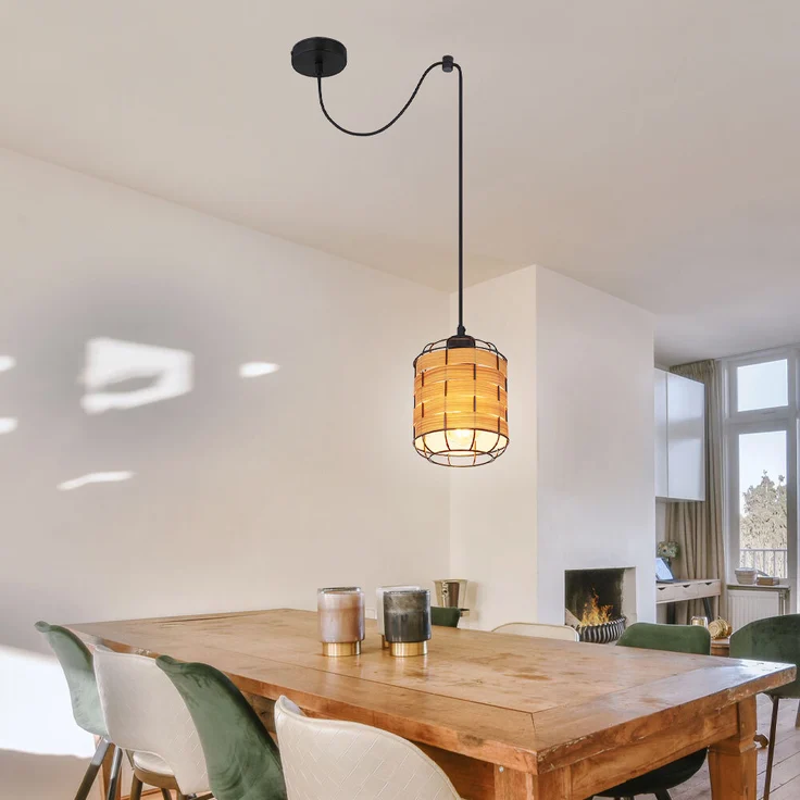 Hängelampe, Gitter, Holzoptik, höhenverstellbar, H 200 cm – Bild 6