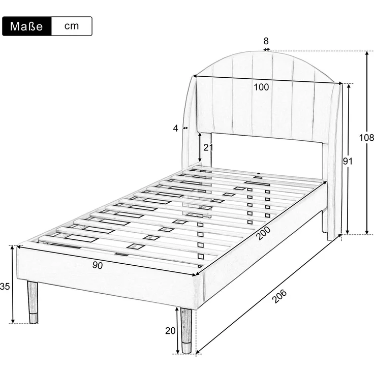 EINHOM Polsterbett 90 x 200 cm mit Lattenrost und Kopfteil, Jugendbett, Einzelbett, Holzlattenunterstützung, Einfache Montage, Samt, Beige, (Ohne Matratze) – Bild 10