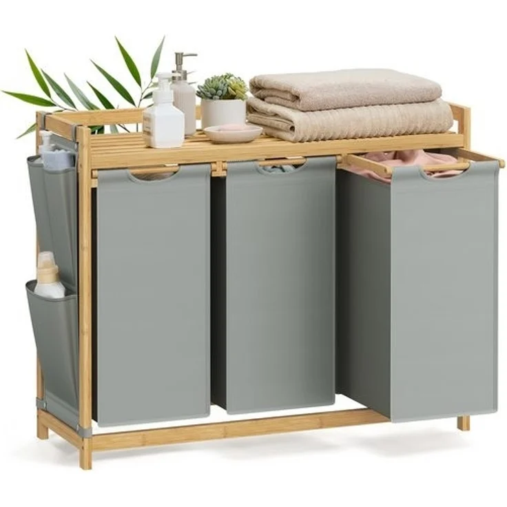 SONGMICS Wäschekorb, 3 Fächer, Bambus, 150 L, mit Ablage, kleine seitliche Taschen, 3 x 50 L, taubengrau, 94 x 33 x 78 cm – Bild 1