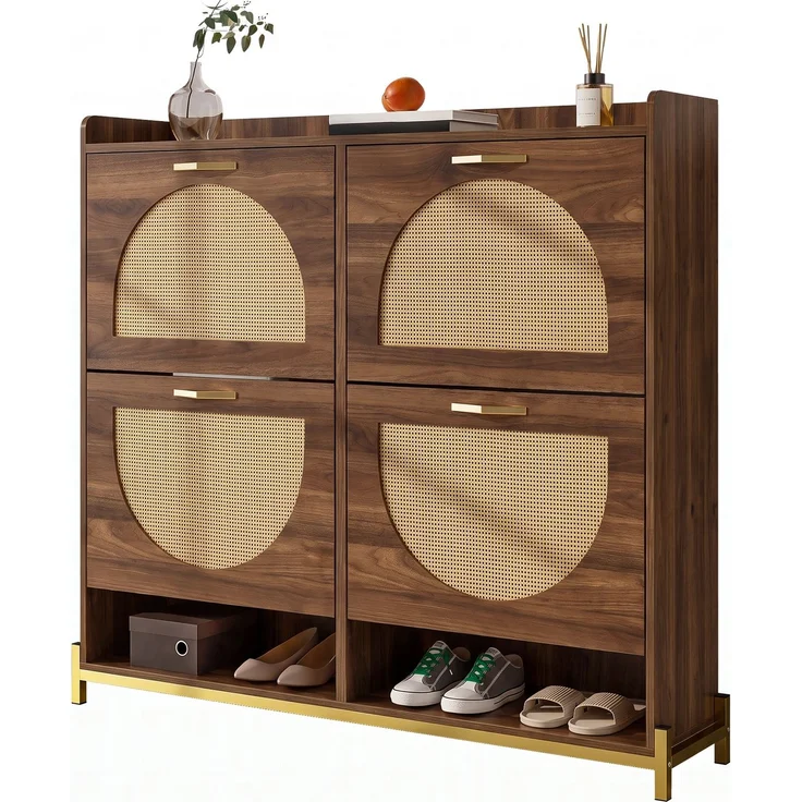 DESVIAE Garderobenschrank Schuhschrank Nussbaum aus MDF – 108,5x100x24 cm – 4 Klappen, Rattan-Optik – Bild 7