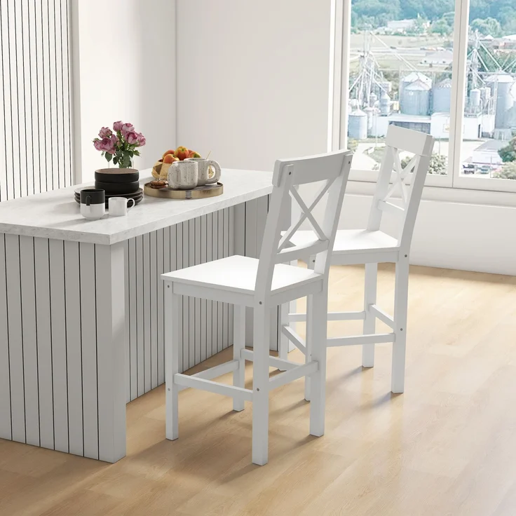 2er-Set Hochstühle, Barhocker im Country-Chic-Stil aus Holz, Höhe 60 cm, mit Fußstütze, weiß – Bild 4