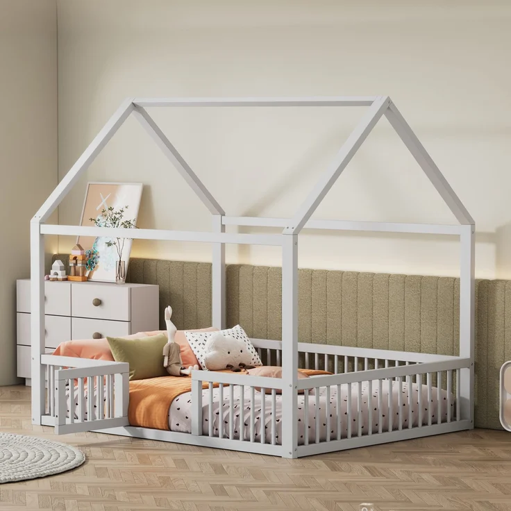 Merax 140*200cm Massivholzbett, Doppelbett, Flachbett, Hausbett, Hausbett mit Türchen, weiß – Bild 1