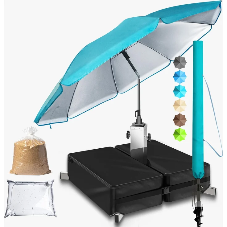 4smile Sonnenschirm Strand SunnyJoy im 3er-Set - UPF 50+ Balkon Schirm 180 cm + Sonnenschirmständer befüllbar + Sonnenschirmhülle - Sonnenschutz Balkon, Gartenschirm, Türkis