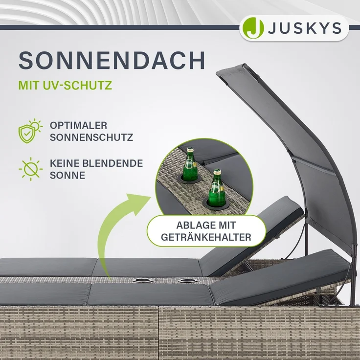 Juskys Polyrattan Doppelliege Syros - Garten Sonnenliege für 2 Personen - Outdoor Liege mit Dach & Auflagen - Kopfteil verstellbar - Grau-meliert – Bild 7