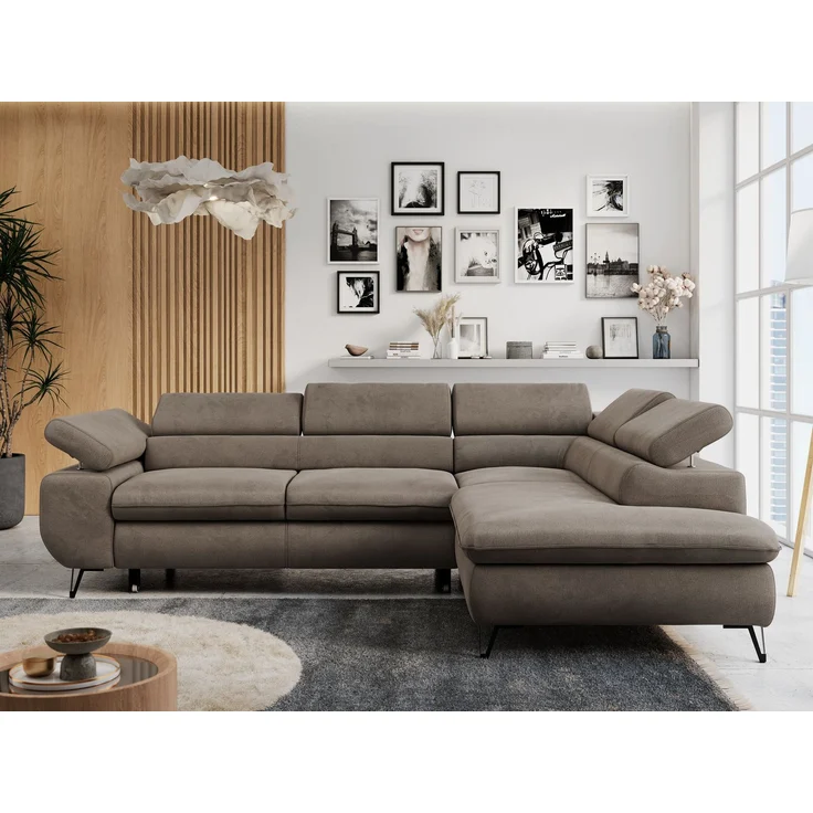Mks Möbel 'Peter L-form' Ecksofa mit Bettfunktion, Bettkasten & einstellbaren Kopfstützen, Braun, Velours, mit Topper, rechts – Bild 1