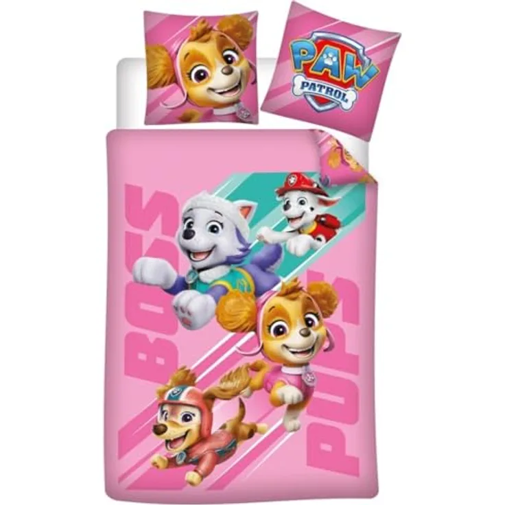 Aymax Paw Patrol Rosa Kinderbettwäsche 140x200 cm + Kissenbezug 65x65 cm, 100 % Baumwolle, mit Lieblingswelpen und "Boss Pups"-Design