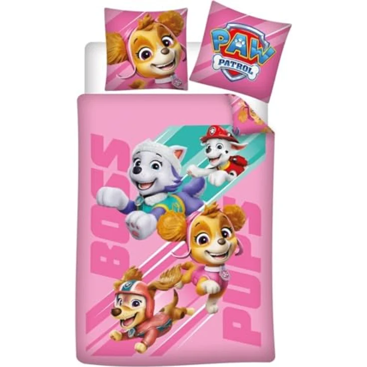 Aymax Paw Patrol Rosa Kinderbettwäsche 140x200 cm + Kissenbezug 65x65 cm, 100 % Baumwolle, mit Lieblingswelpen und "Boss Pups"-Design – Bild 1