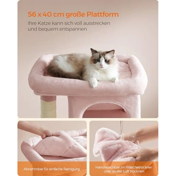 Feandrea Kratzbaum, 84 cm Katzenbaum, L, Katzenhaus für große Katzen bis zu 7 kg, große Plattform, 2 Katzenhöhlen, Sisalstämme, pastellrosa PCT061P01 – Bild 3