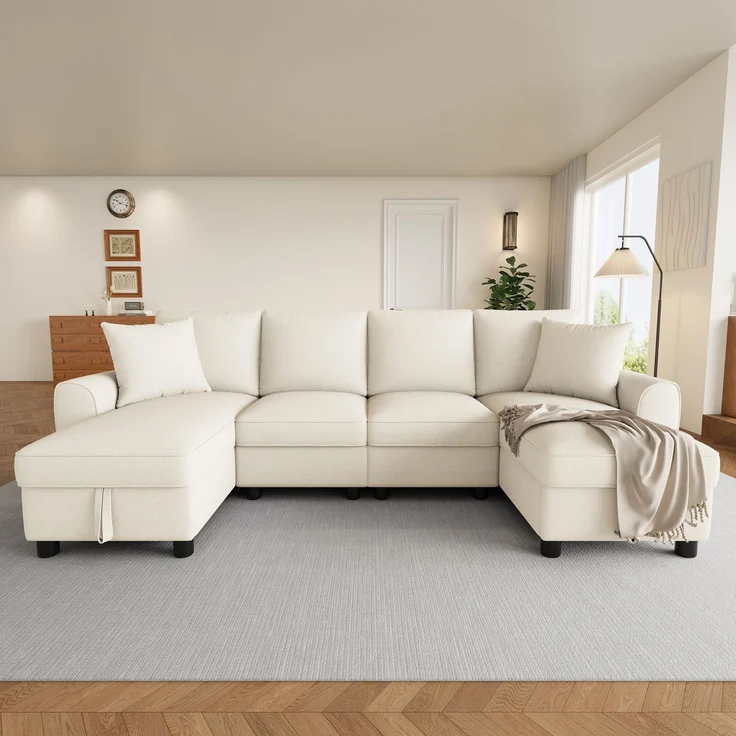 U-life Modernes Chenille U-Form 280x137 cm, fürs Wohnzimmer, 2-Sitzer, Zwei Kissen, Chaiselongues, Großzügig, Chenille, Beige – Bild 6