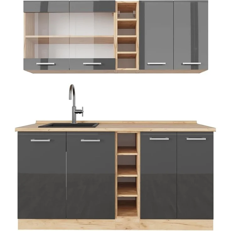 Singleküche R-Line Anthrazit Hochglanz/Goldkraft Eiche 160 cm ohne Arbeitsplatte Vicco – Bild 1