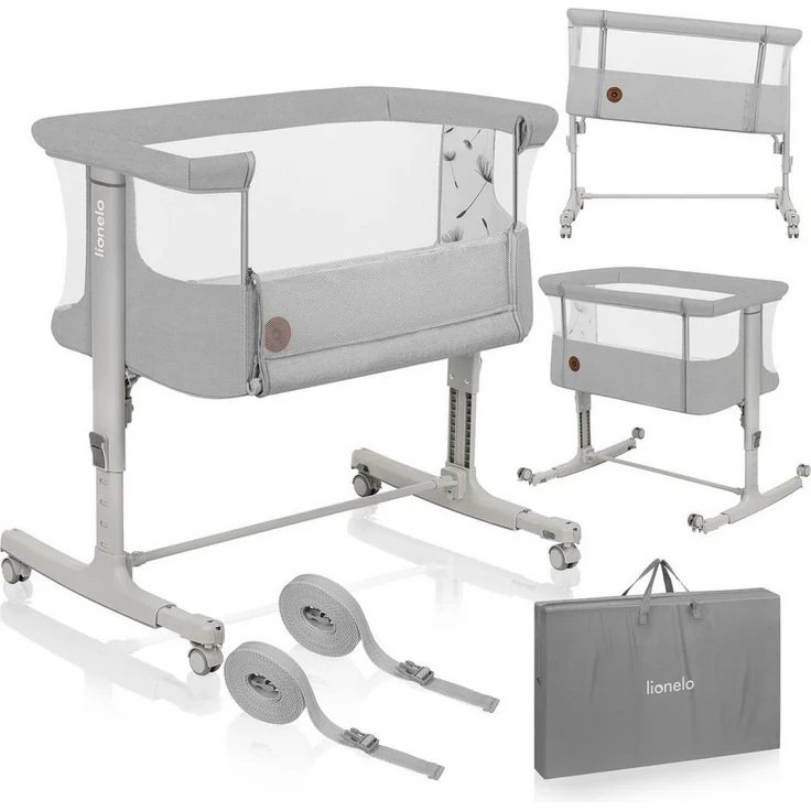 Lionelo Aurora 3 in 1 Babybett bis 9 kg, Beistellbett, Wiege, Höhenverstellug und Einstellung der Neigung der Matratze, 4 Räder mit Bremse Ergonomische Matratze Tasche – Bild 5