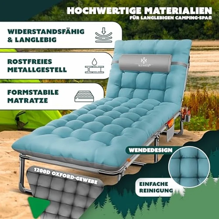 KESSER Campingbett klappbar mit Tragetasche, Nackenkissen, Vakuumtasche & Getränkehalter, Oxford-Gewebe grau / blau, 68 x 190 x 30 cm – Bild 6