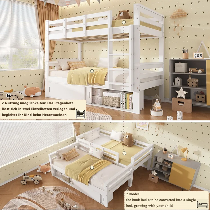 Etagenbett 90x200 cm, teilbar in 2 Einzelbetten, mit Schiebetür-Stauraum, Weiß (ohne Matratze) – Bild 6
