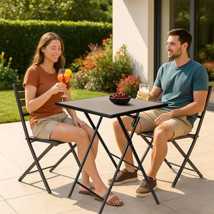 BRUBAKER Gartentisch Bergamo - 58 x 58 cm Balkontisch wetterfest (1-St, Campingtisch eckig mit Stein Optik - Klapptisch für Balkon, Terrasse), Metall Beistelltisch klappbar - Bistrotisch – Bild 3