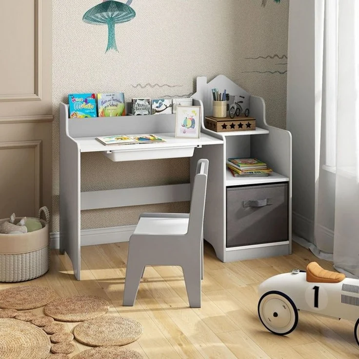 COSTWAY Kinderschreibtisch (2-St), mit Stuhl, Schülertisch mit Stauraum, Schublade – Bild 4