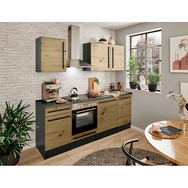 Yourkitchen 'JAZZ' Küchenzeile, Holznachbildung Eiche Artisan, 220 x 211 x 60 cm, links oder rechts montierbar – Bild 3