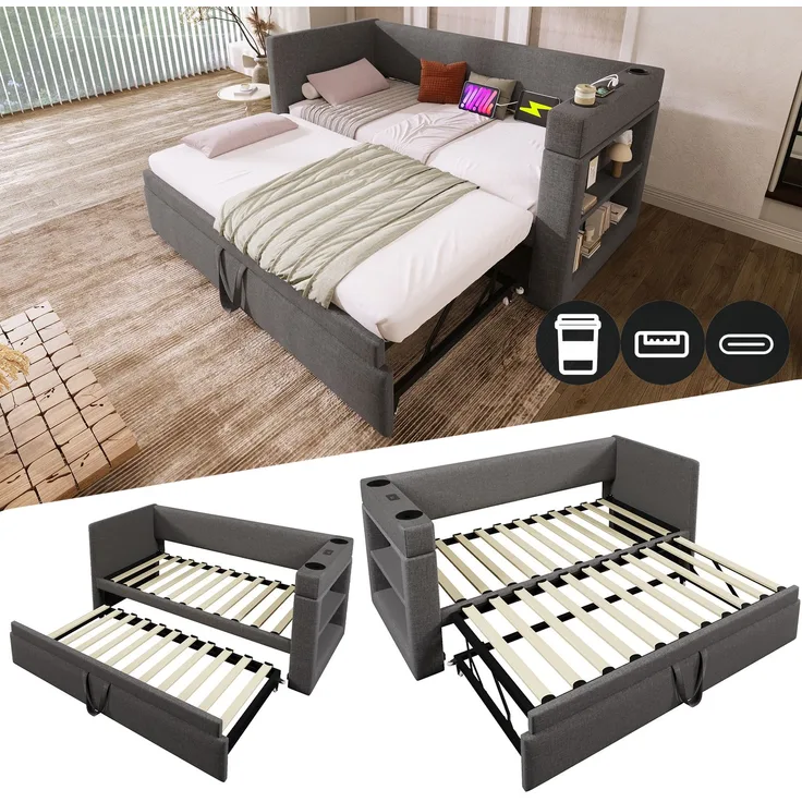 Polstertes Daybett 90x190 cm, Einzelbett Schlafsofa mit Ausziehbett, Armlehnen mit USB- & Type-C-Ladeanschluss und Getränkehalter, Leinen-Mischgewebe, Grau, ohne Matratze