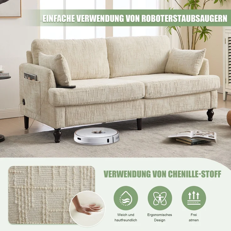 2-sitziges Chenille-Sofa mit USB-Ladeanschluss, LED-Licht und Aufbewahrungstasche in Beige – Bild 8