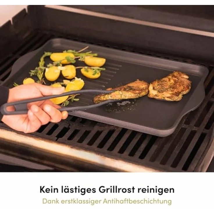 Hoffmann Germany Teppanyakiplatte Grillplatte 2in1 Aluguss eckig 49x29 cm – Made in Germany, Aluguss (1-tlg, 1x Grillplatte 49x29 cm + Silikon-Füße), Grillstreifen + Bratfläche, Antihaft, backofenfest, Induktion – Bild 6