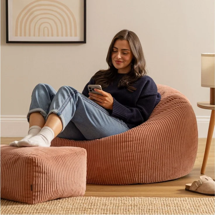 Icon Kingston Sitzsack mit Hocker Cord, Rosa, Sitzsack Erwachsene mit Füllung, Bean Bag, Cord Sessel, Lounge Sessel, Lounge Stuhl, Schlafzimmer, Wohnzimmer, Wohnzimmer Möbel – Bild 2