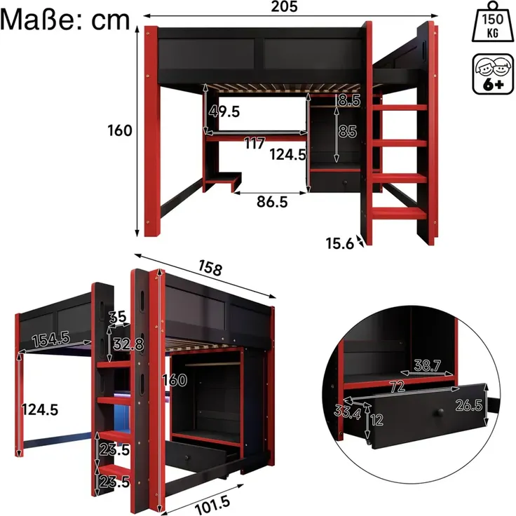 Hochbett mit Schreibtisch, LED-Streifen, Kleiderschrank, PC-Ständer, Leiter, Schubladen, Rausfallschutz, 140x200cm, Kinderbett – Bild 6