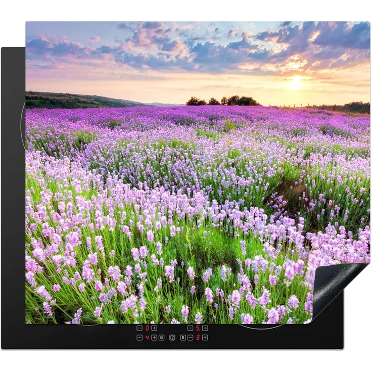 MuchoWow Herd-Abdeckplatte Blumen - Lavendel - Lila - Himmel - Sonnenuntergang - Wiese - Natur, Vinyl, (1 tlg), Küche Herdabdeckplatte Ceranfeld Vinyl Einteilig, 59x52 cm