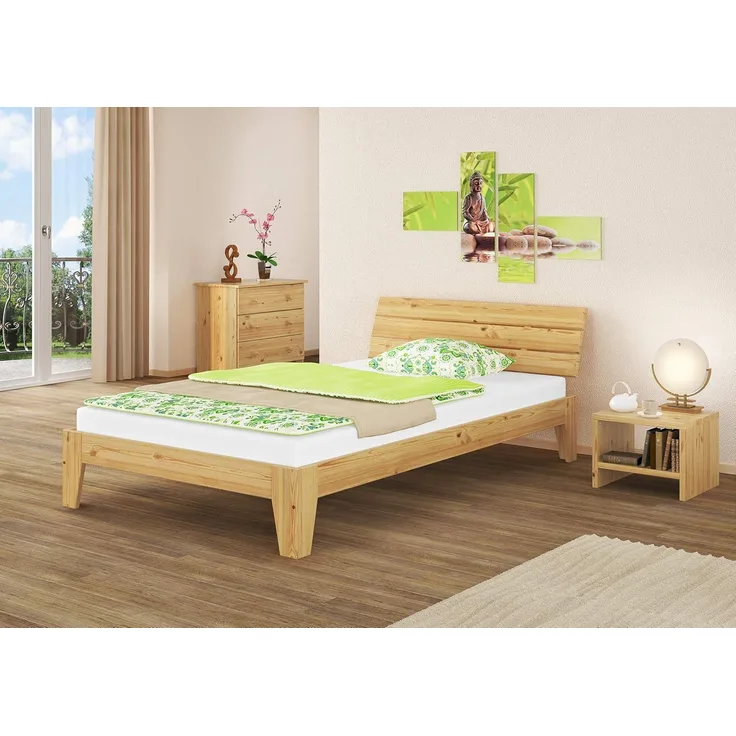 ERST-HOLZ Einzelbett Futonbett Doppelbett überlang Kiefer Natur 140x220 Bettrahmen Rollrost, Kieferfarblos lackiert