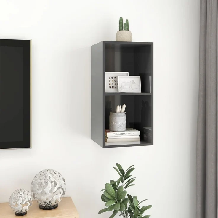 TV-Wandschrank, TV-Hängeboard Fernsehschrank Hochglanz-Grau 37x37x72 cm Holzwerkstoff – Bild 6